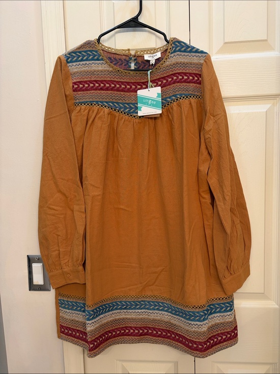 Umgee Dresses & Skirts - Umgee Rust Long Sleeve Boho Tunic Dress with Multicolor Yoke